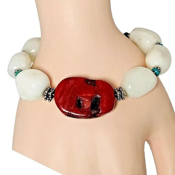 Barse White Druzy Red Coral Chunky Bracelet 7" 925 Sterling Sliver Bohemian - Picture 11 of 12